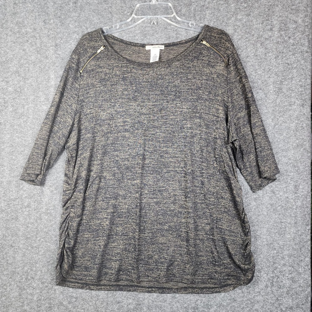 Ultra Teeze Knit Top Women 2X Black Tan Marled Zipper Shoulder Ruched 3/4 Sleeve